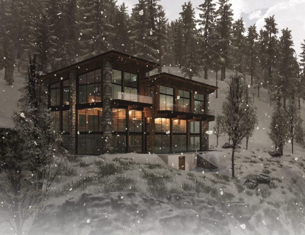 Perspective 3D chalet moderne sous la neige en Savoie