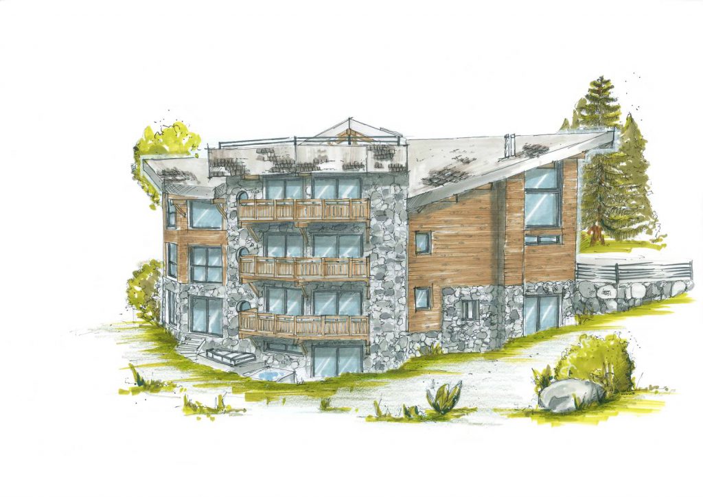 Esquisse chalet-hôtel pierres et bois, construction chalet sur mesure