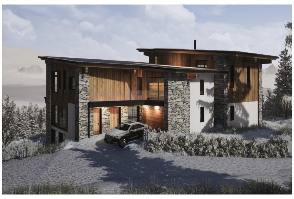 Intégration 3D d'une construction chalet contemporain sur mesure, en pierres et bois à la montagne