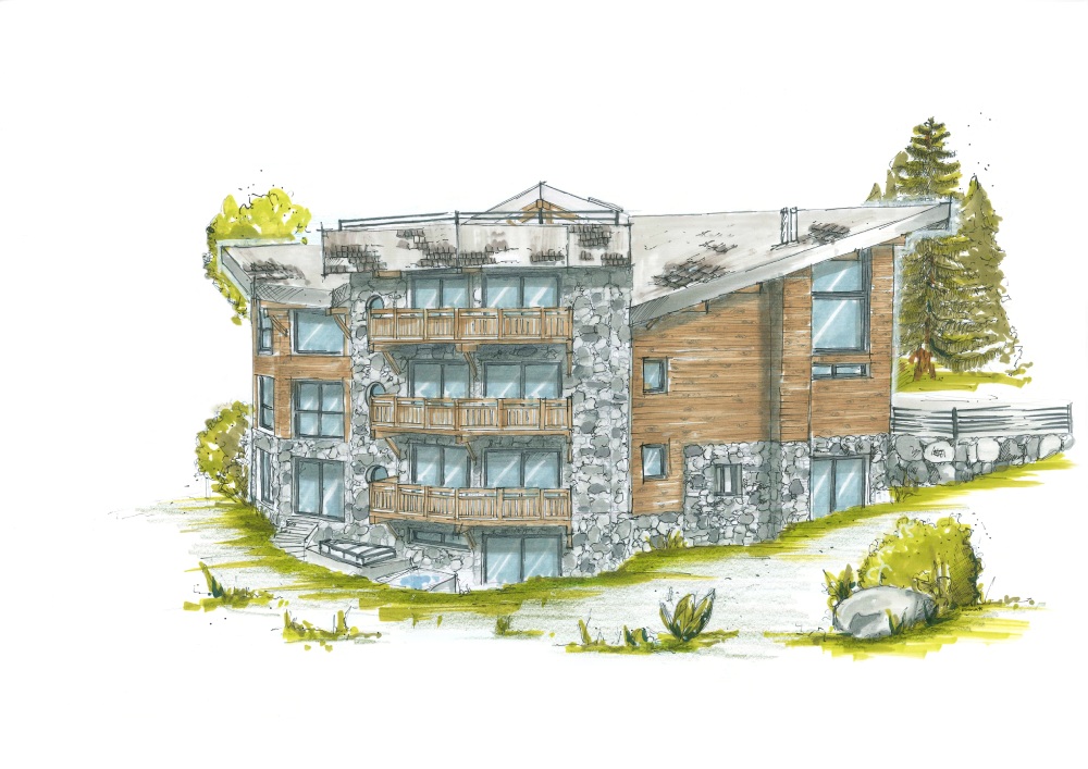 Croquis construction chalet sur mesure pierre et bois aux Gets, chalet-hôtel contemporain
